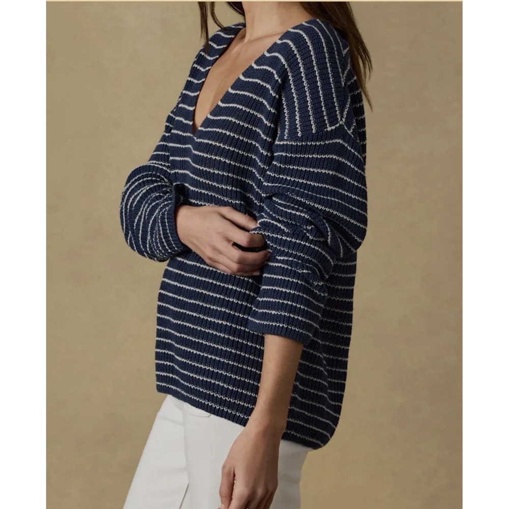Faherty Miramar Sz XS Deep V Neck Linen Crewneck Navy White Sweater Costal NWOT